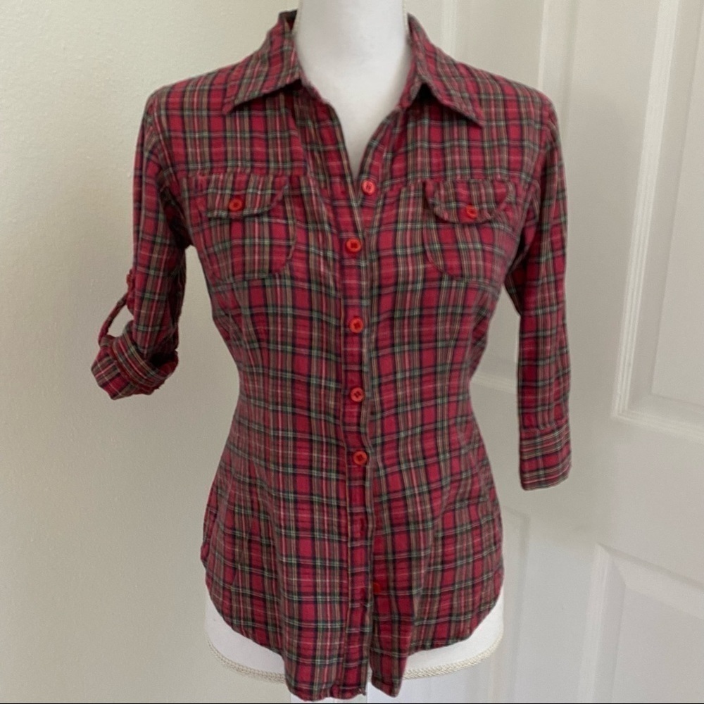 Magazine Red Plaid Button Front Collar Shirt Tab Sleeves Tie Back Sz Small - Picture 5 of 10